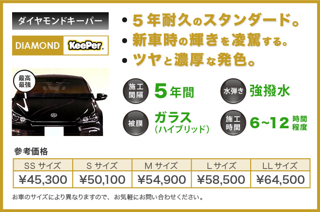 ダイヤモンドキーパー。5年耐久。強撥水。ガラス被膜。参考価格。